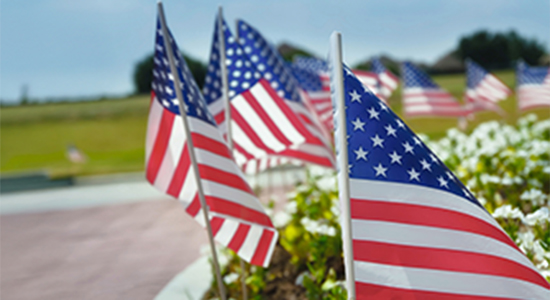 Row of American flags displayed on the street side in celebration of the 4th of July shallow depth of field